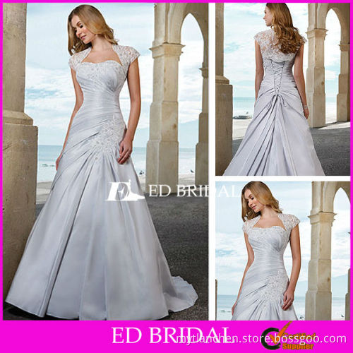 Light Blue Wedding Dress A Line Slight Curve Ruched Appliqued Satin Bridal Gowns with Short Sleeve Jacket Bolero